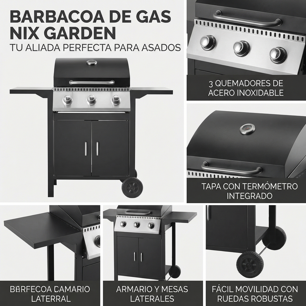 Barbacoa de gas 3 fuegos para jardín y terraza
