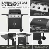 Barbacoa de gas 3 fuegos para jardín y terraza