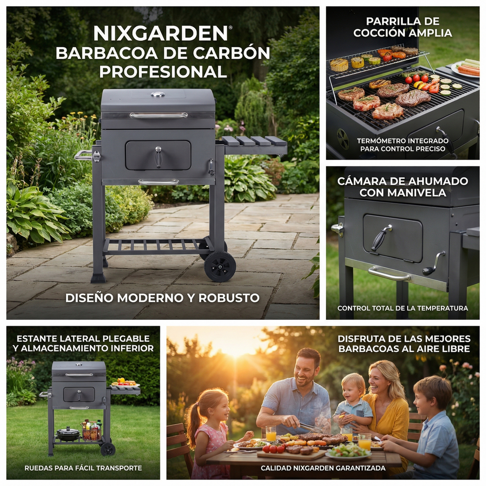 Barbacoa de carbón con ruedas para jardín y terraza