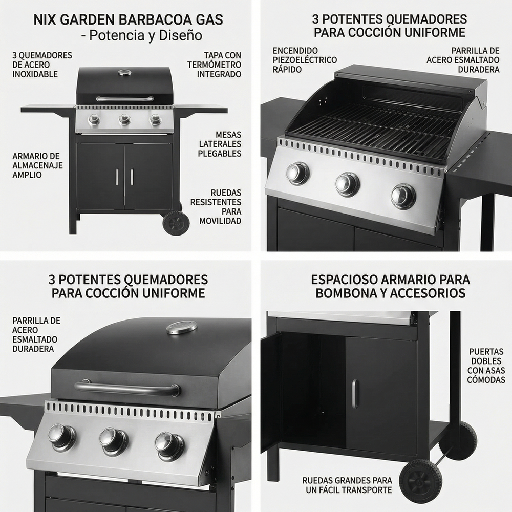 Barbacoa de gas 3 fuegos para jardín y terraza
