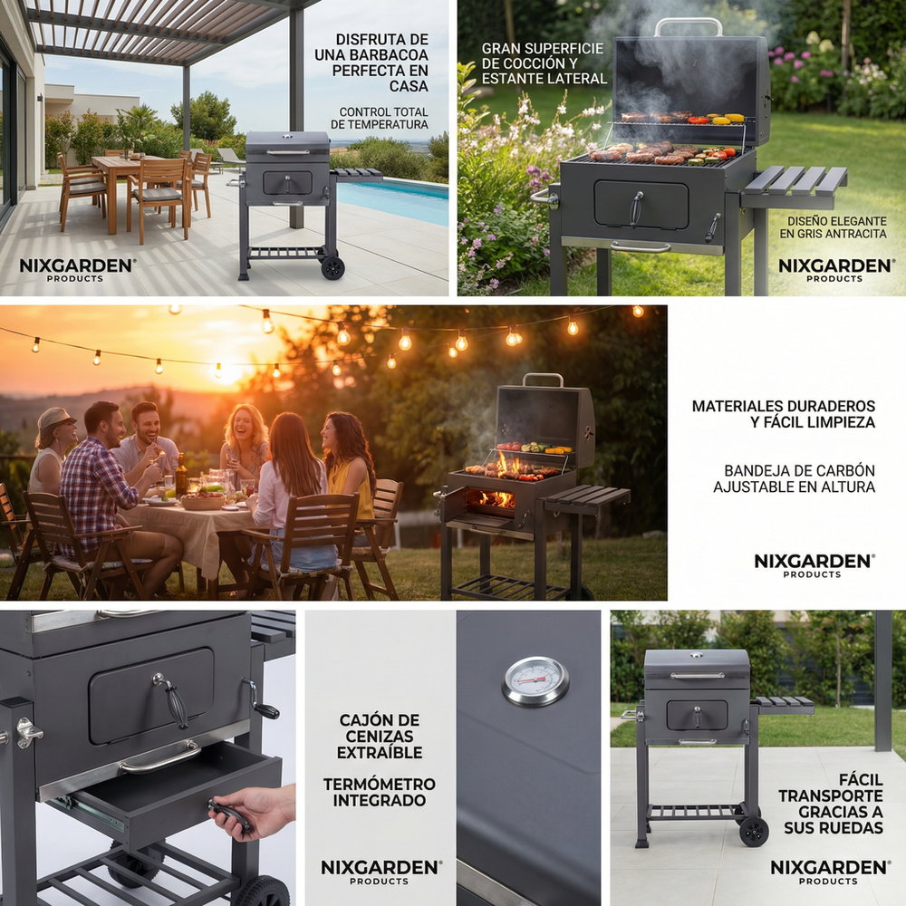 Barbacoa de carbón con ruedas para jardín y terraza