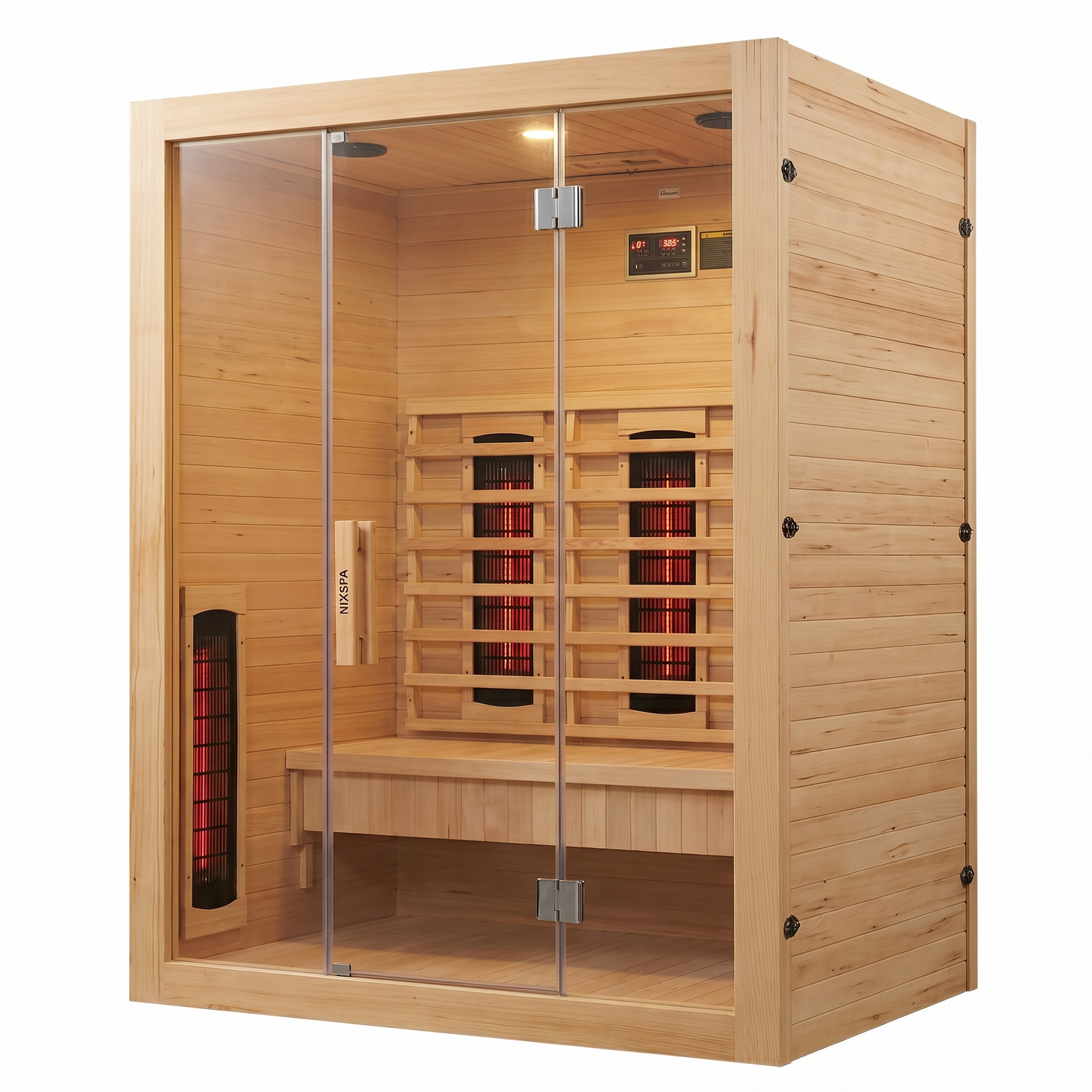 Sauna de infrarrojos 3 personas de madera maciza con 6 paneles, Bluetooth y puerta panorámica