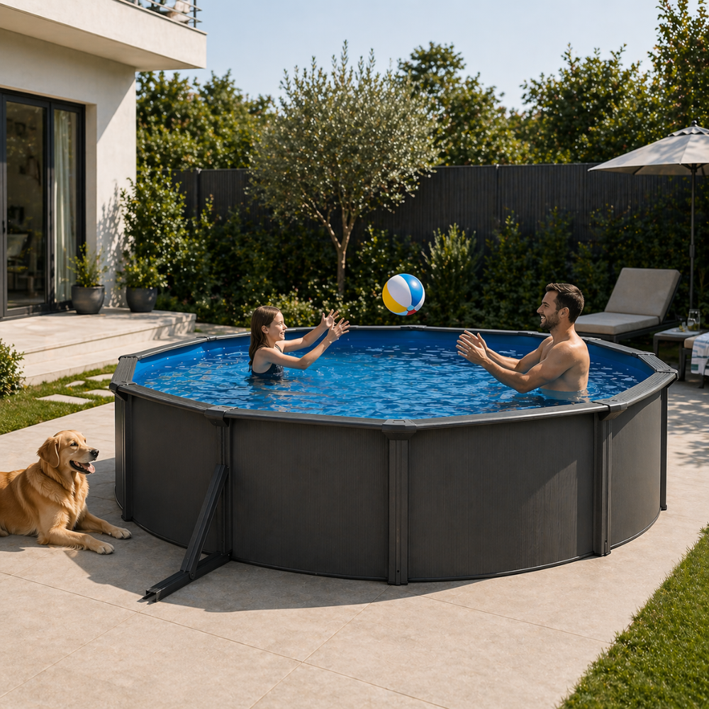 Piscina elevada sin obra de acero ovalada antracita