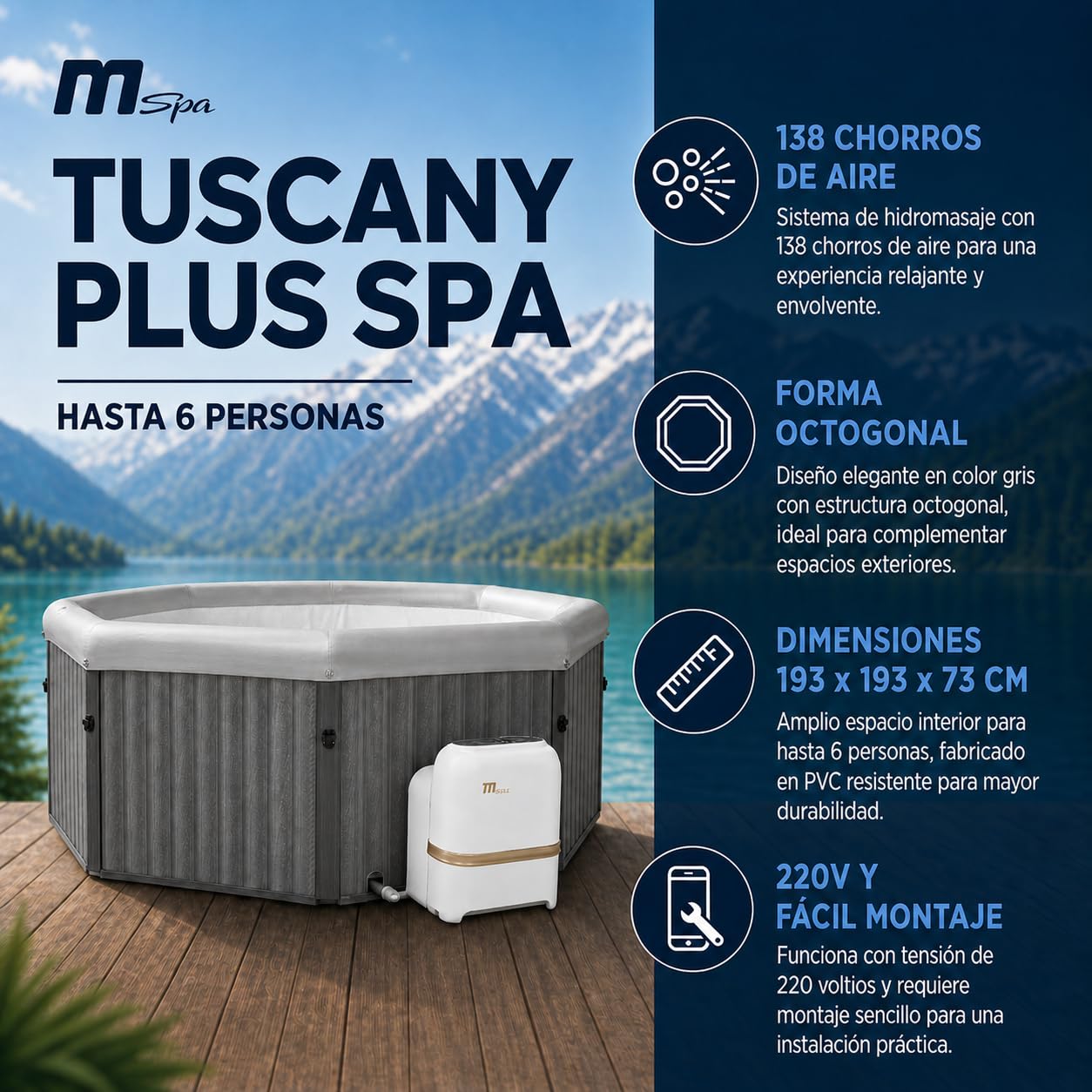 MSpa - Spa rígido cuadrado Tuscany 4–6 personas