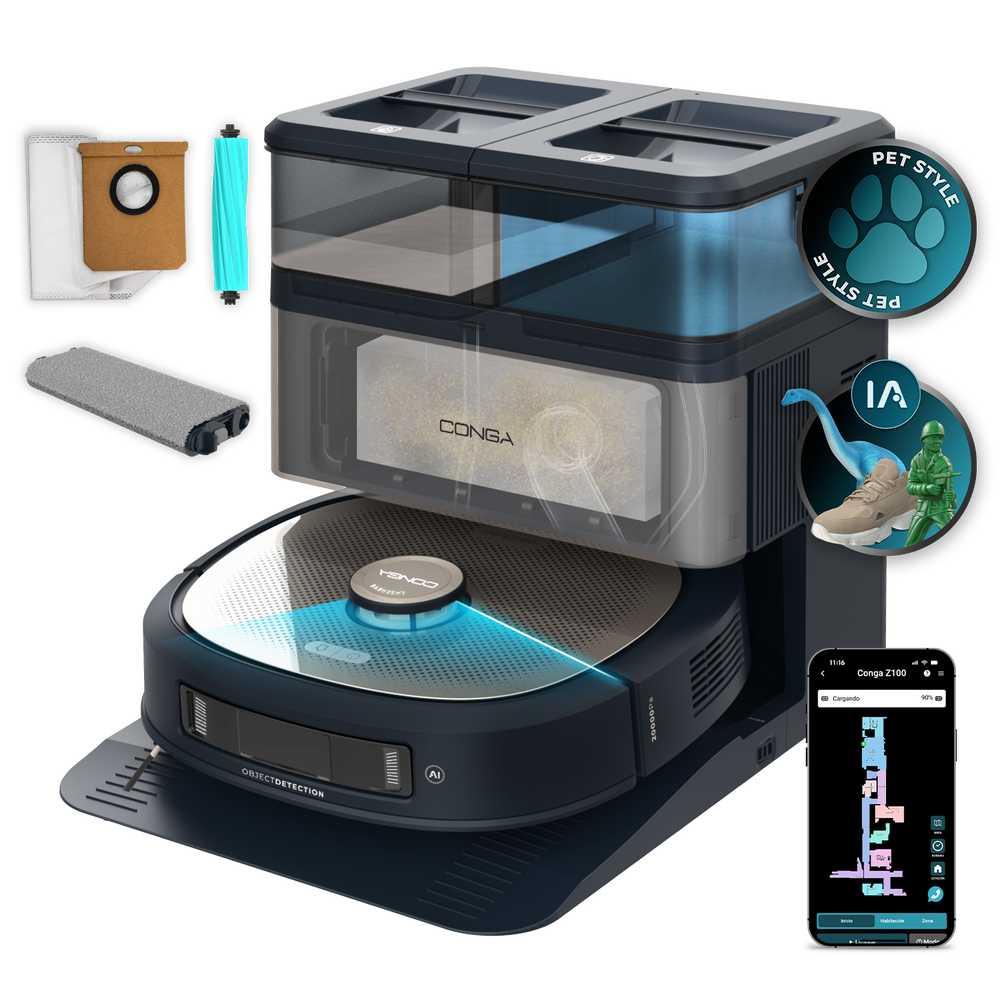Cecotec Conga Z100 Robot Aspirador IA Con LaserEye Y AquaCycle Detección De Objetos Y Fregado Profesional