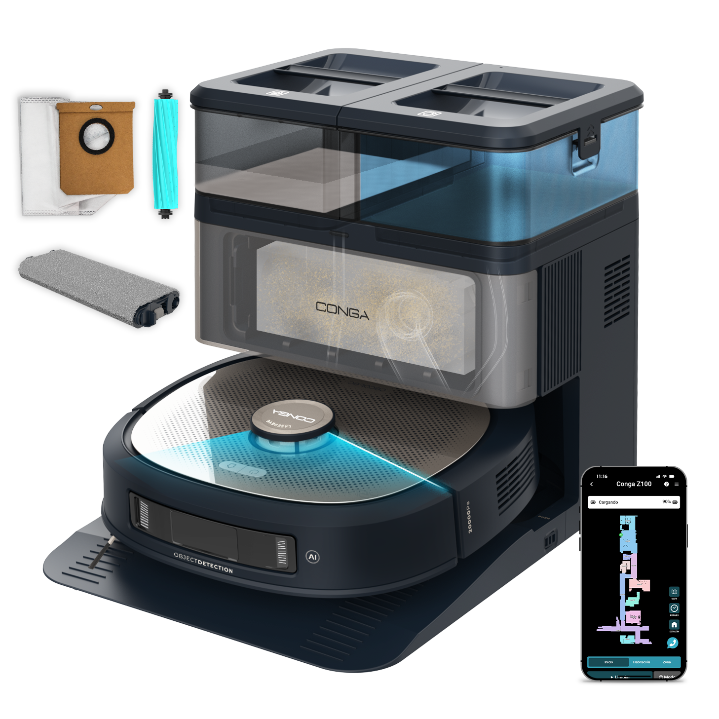 Cecotec Conga Z100 Robot Aspirador IA Con LaserEye Y AquaCycle Detección De Objetos Y Fregado Profesional