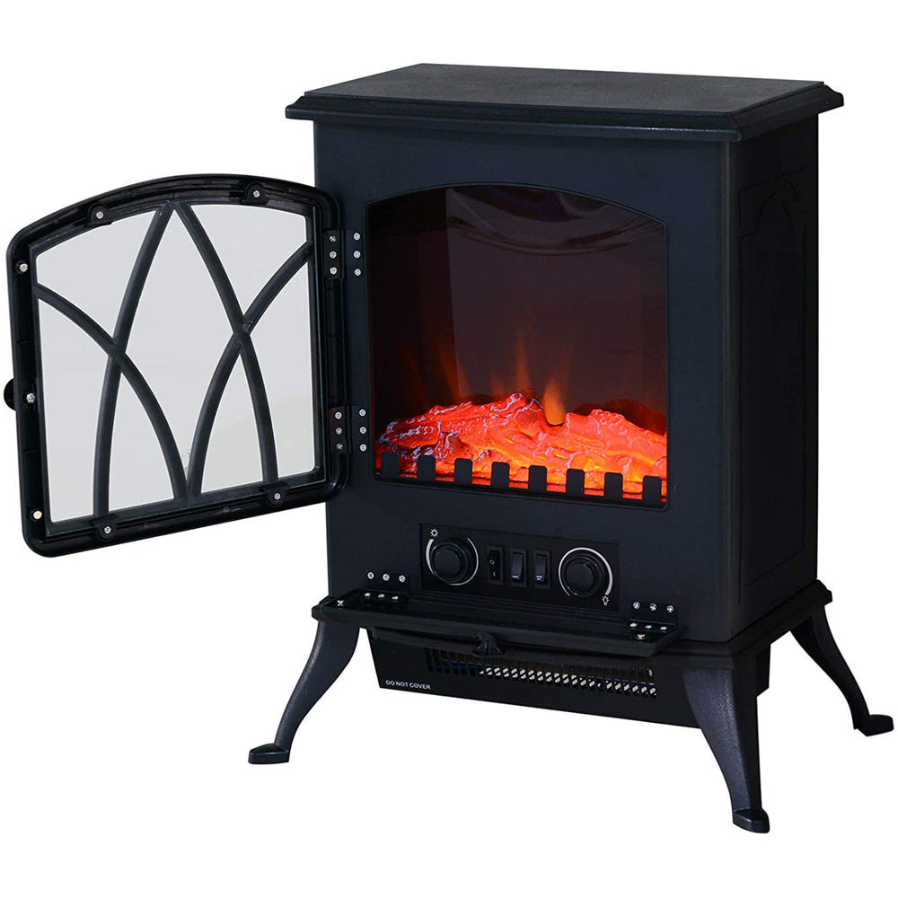 Chimenea Eléctrica Móvil 1000W/2000W Estufa de Pie Silencioso con Efecto de Llamas y Área de Cobertura 30m² Negro