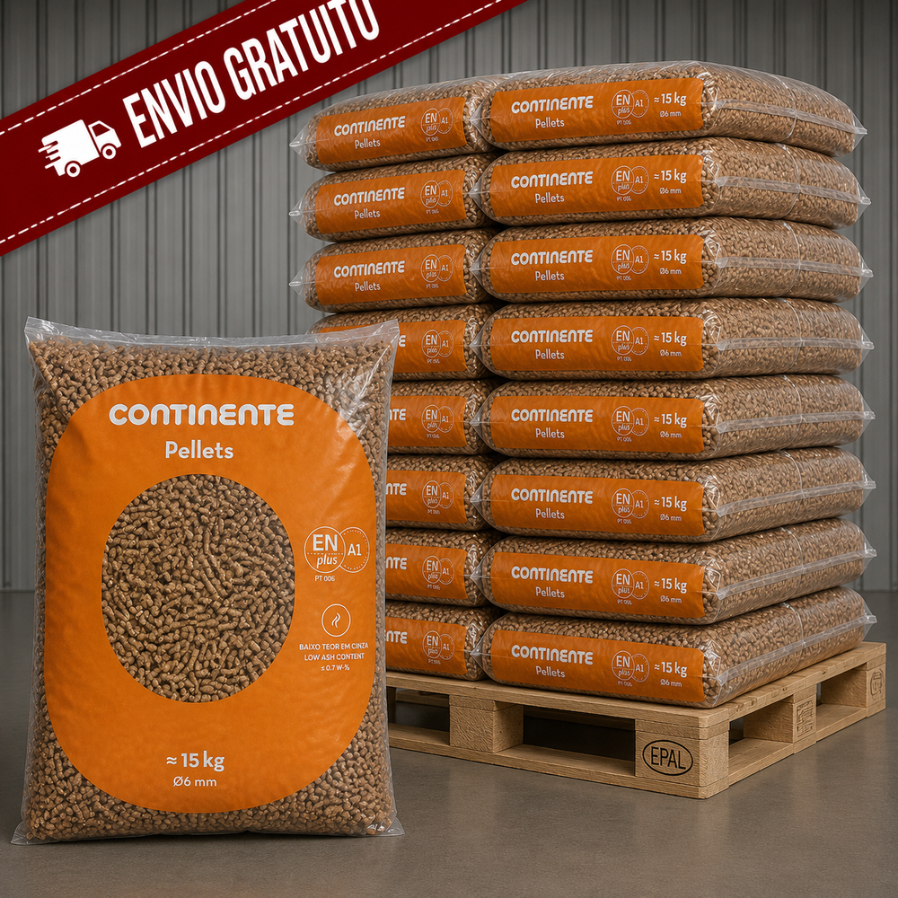 CONTINENTE Pellets de Madera 100% Natural ENplus A - Palet 65 Sacos x 15 kg Alto Poder Calorífico