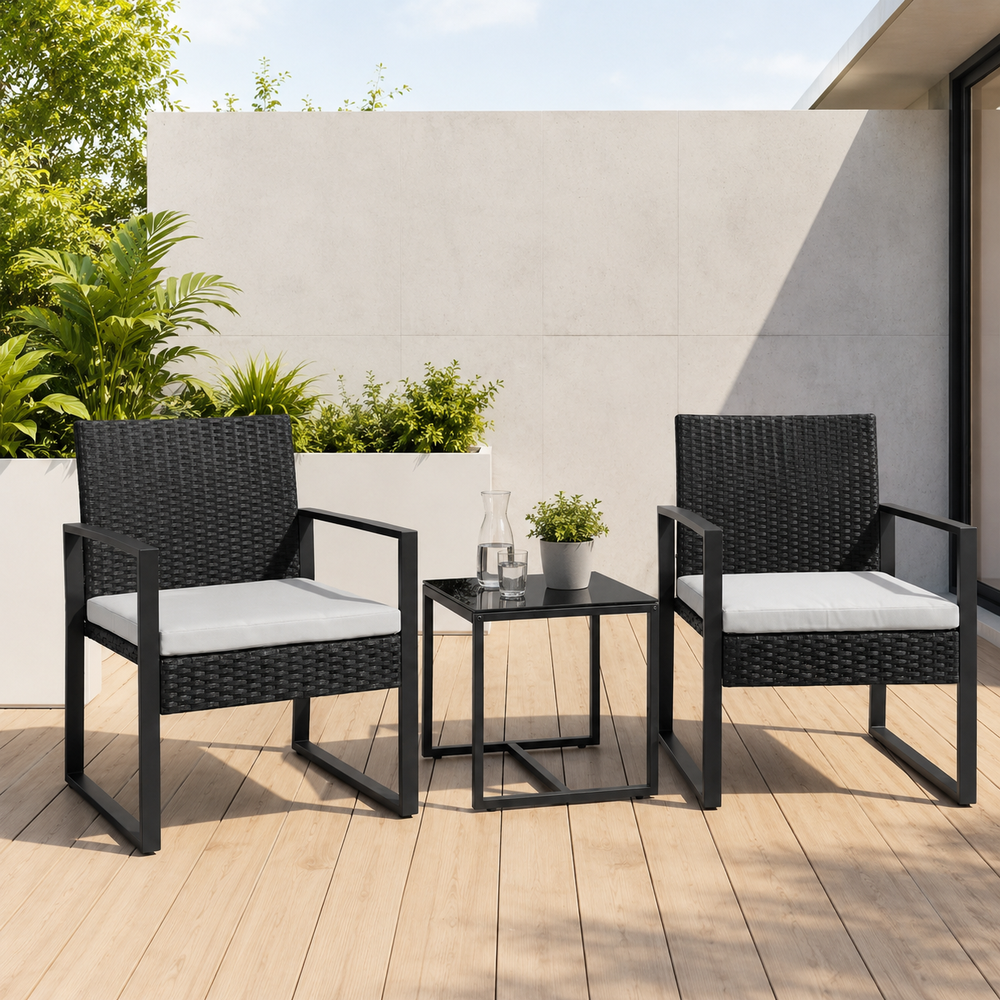 Conjunto De Jardín Exterior Ratán PE 3 Piezas Con Cojines Acolchados