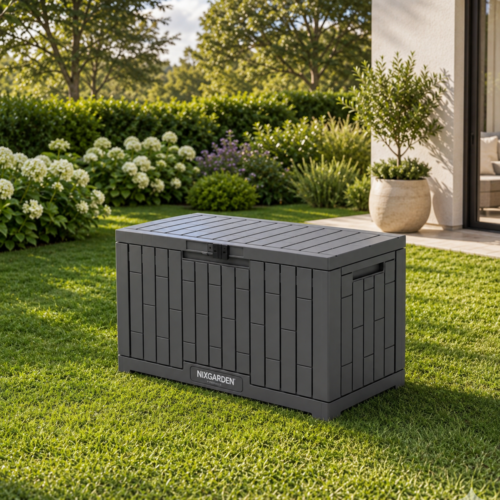 Arcón Jardín Antracita Resina Resistente Efecto Rattan Impermeable