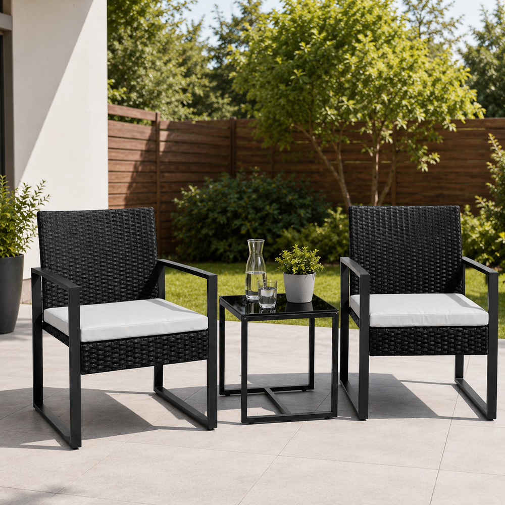 Conjunto De Jardín Exterior Ratán PE 3 Piezas Con Cojines Acolchados