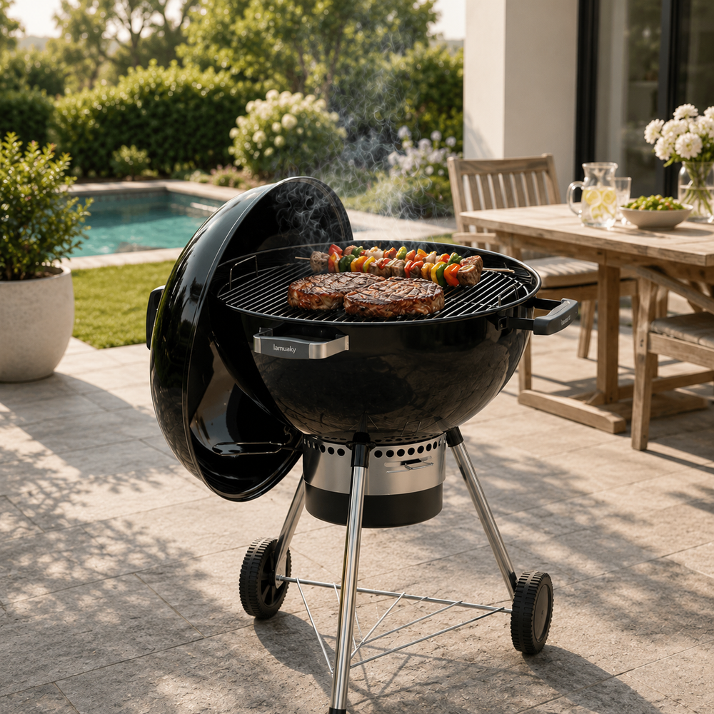 Barbacoa Portátil de Carbón Redonda Con Tapa
