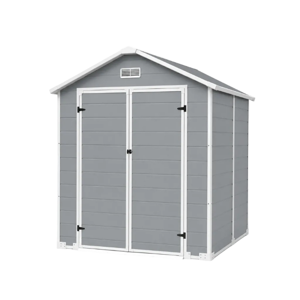 Caseta de jardín grande de resina 6x4" con doble puerta, ventana y ventilación integrada