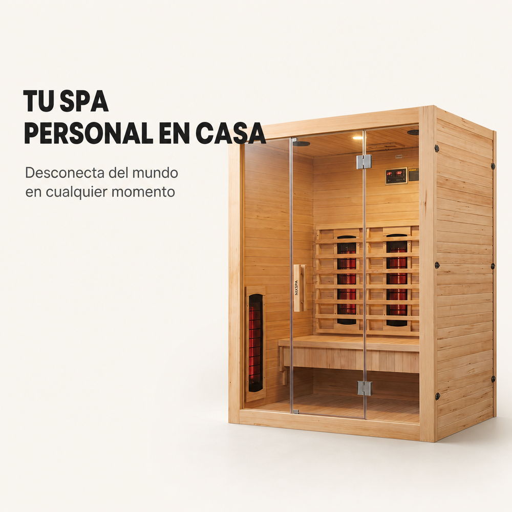 Sauna de infrarrojos 3 personas de madera maciza con 6 paneles, Bluetooth y puerta panorámica