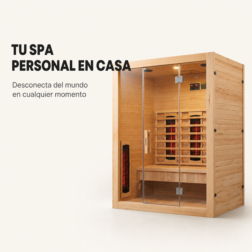 Sauna de infrarrojos 3 personas de madera maciza con 6 paneles, Bluetooth y puerta panorámica