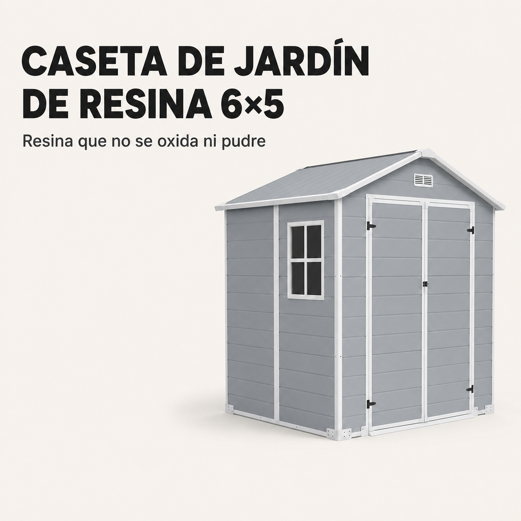 Caseta de jardín XL de resina 6x5" con ventana, doble puerta, ventilación y cierre de seguridad