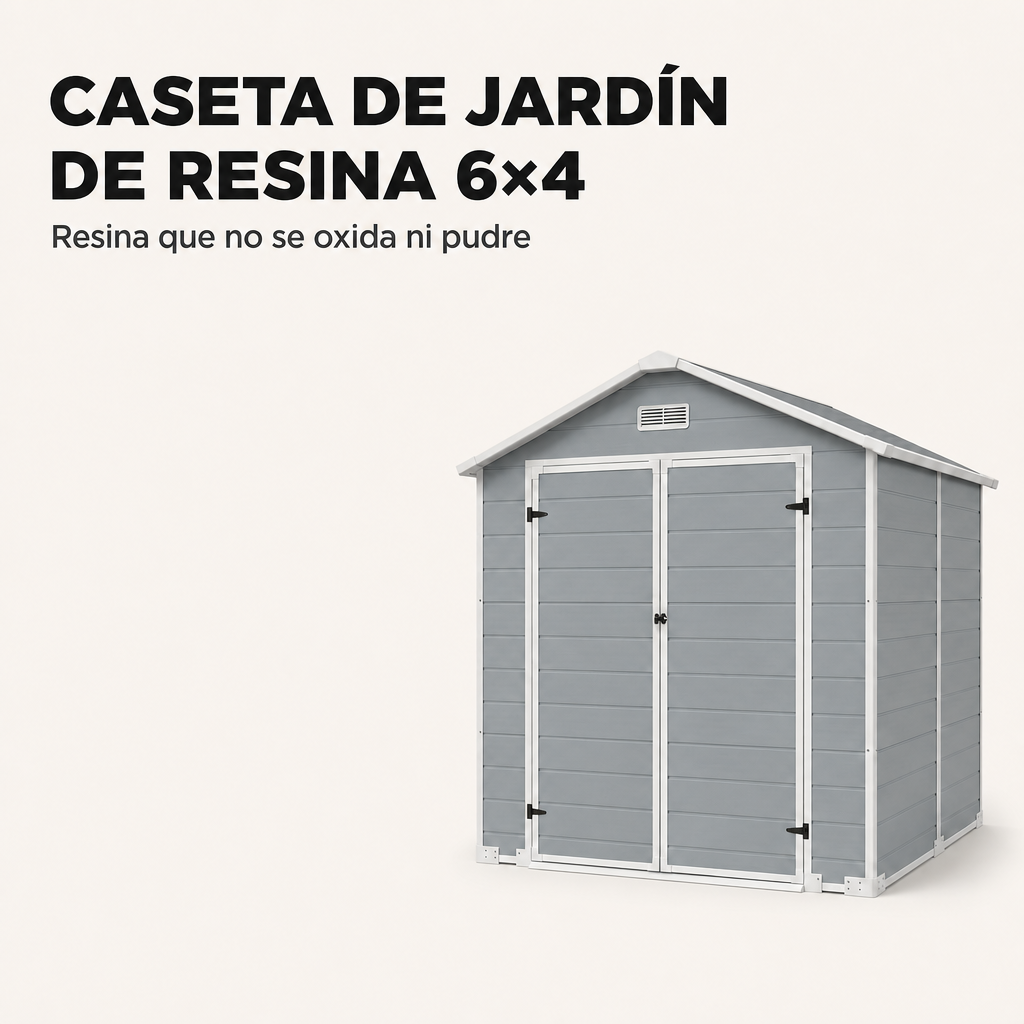 Caseta de jardín grande de resina 6x4" con doble puerta, ventana y ventilación integrada
