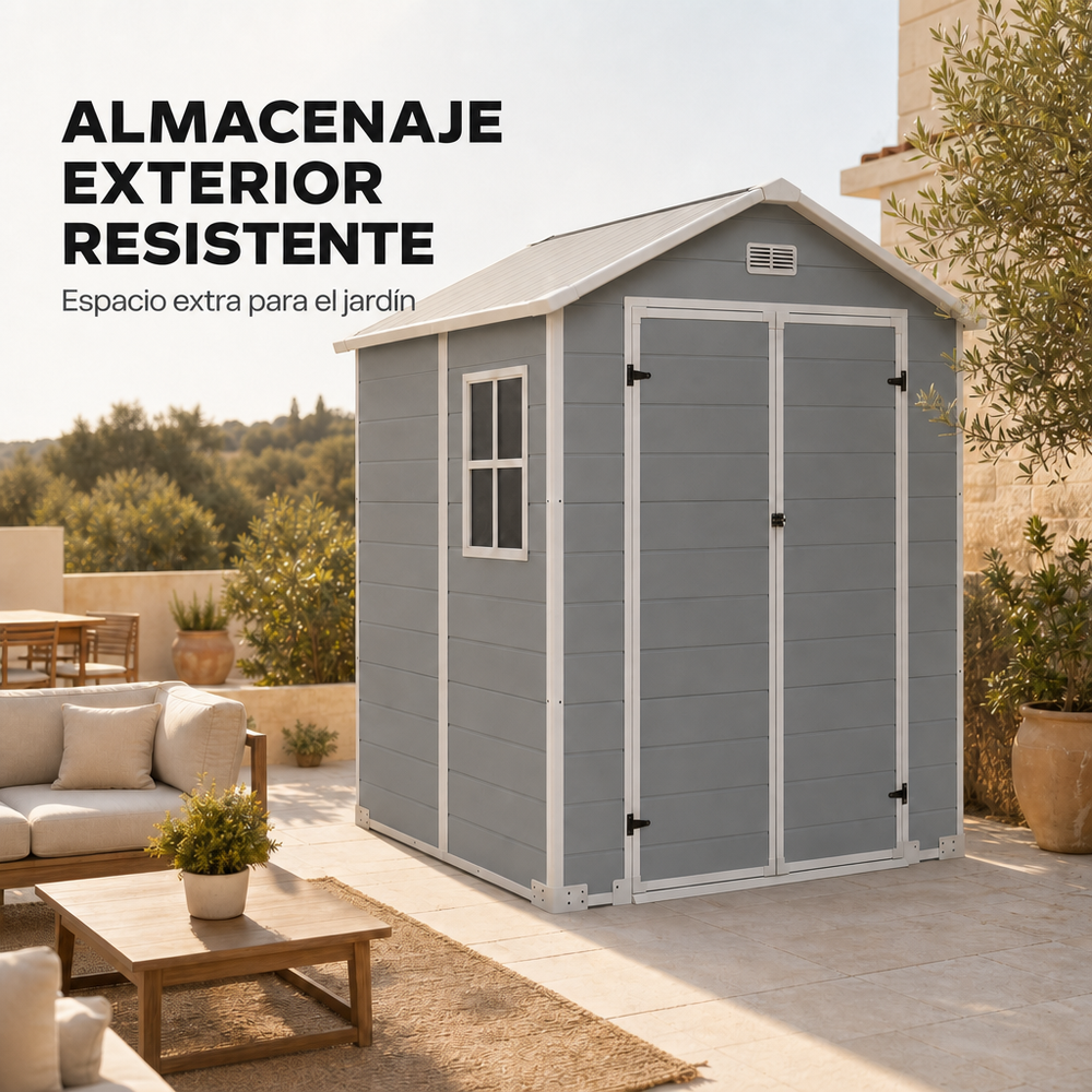 Caseta de jardín XL de resina 6x5" con ventana, doble puerta, ventilación y cierre de seguridad