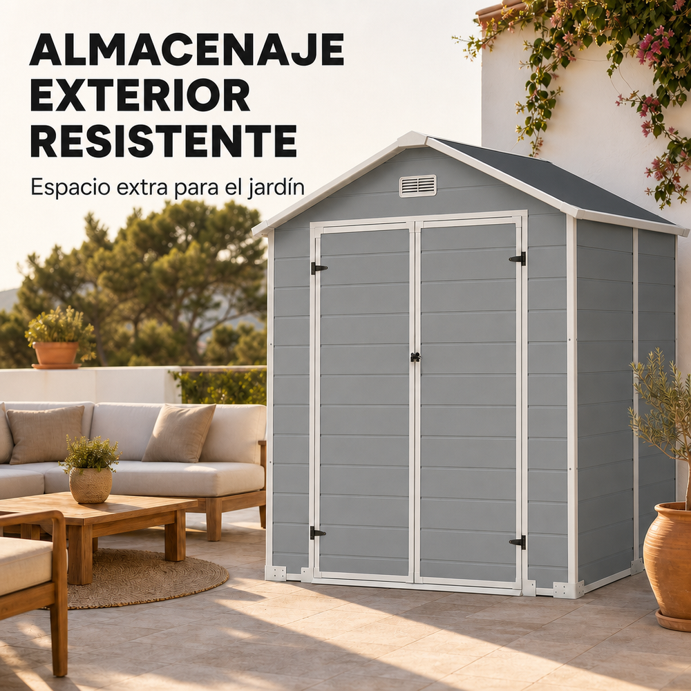 Caseta de jardín grande de resina 6x4" con doble puerta, ventana y ventilación integrada