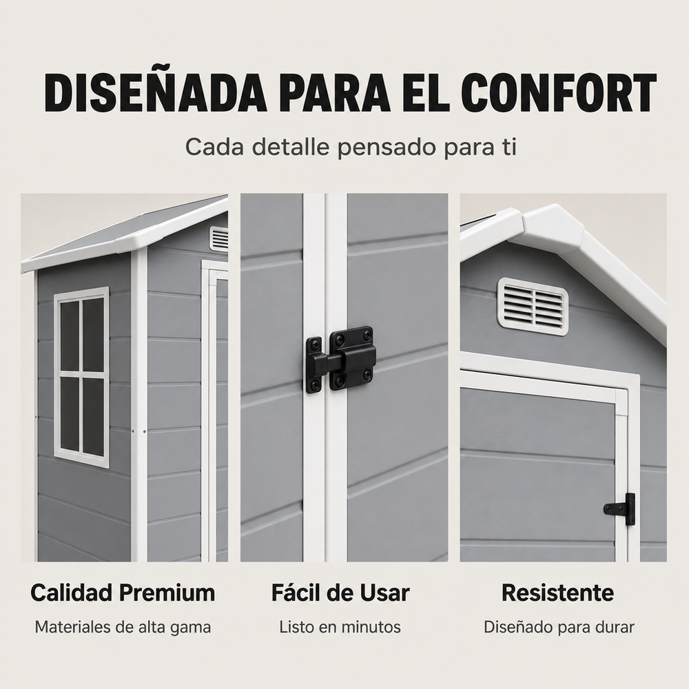 Caseta de jardín de resina 4x3" para exterior con ventana, ventilación y cierre de seguridad