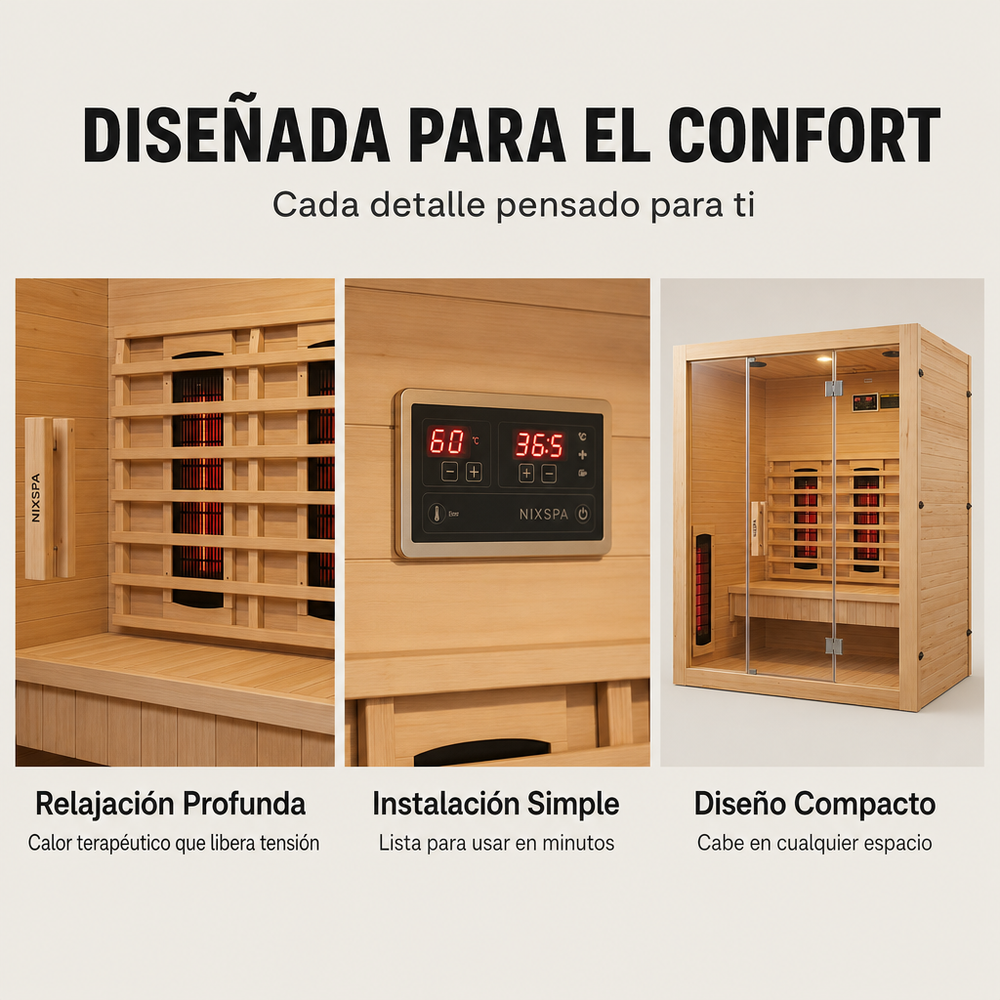 Sauna de infrarrojos 3 personas de madera maciza con 6 paneles, Bluetooth y puerta panorámica