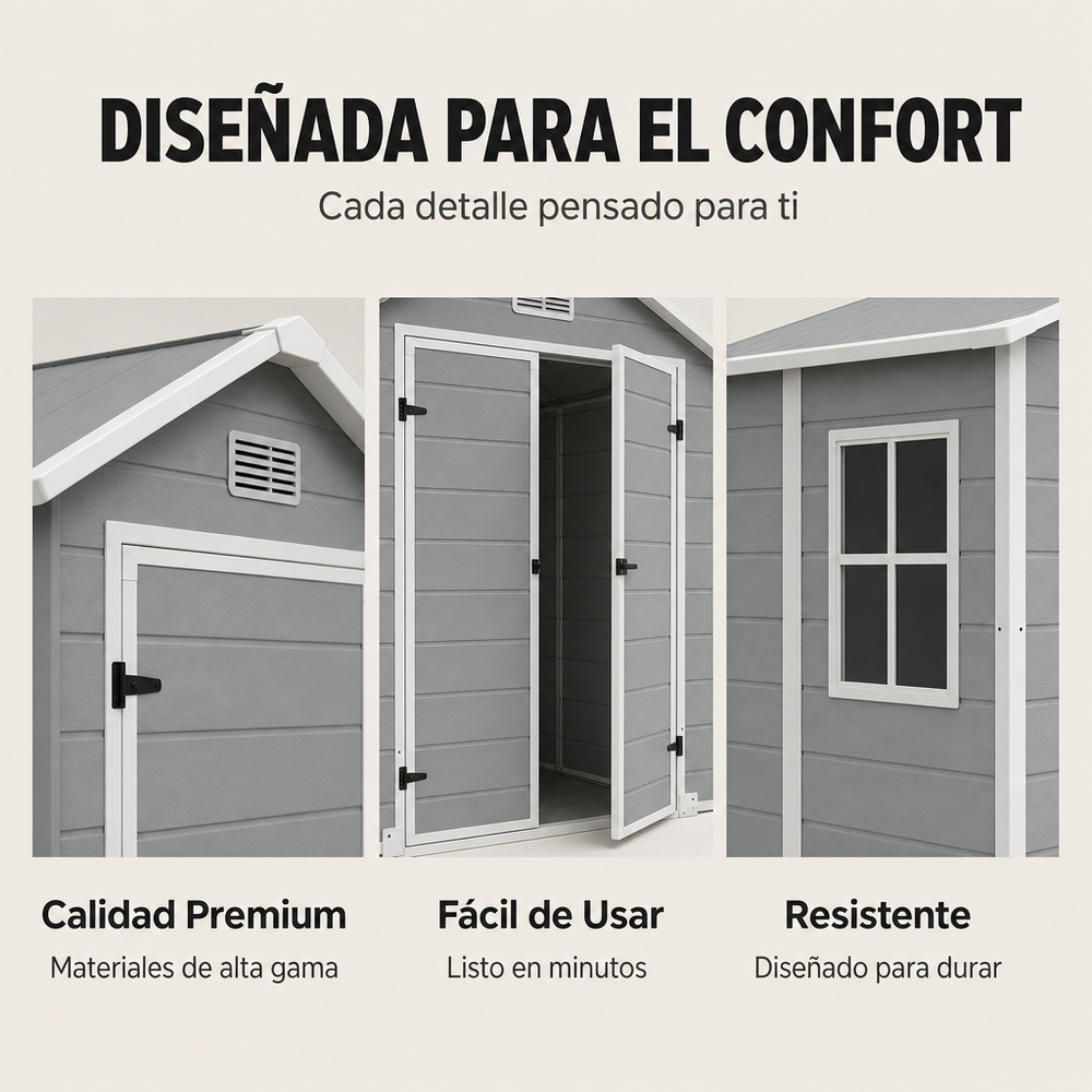 Caseta de jardín XL de resina 6x5" con ventana, doble puerta, ventilación y cierre de seguridad