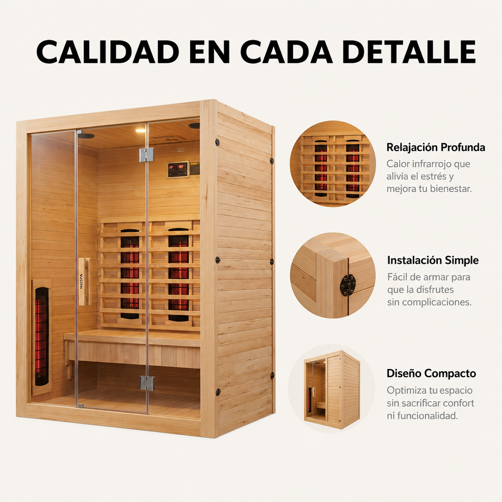 Sauna de infrarrojos 3 personas de madera maciza con 6 paneles, Bluetooth y puerta panorámica
