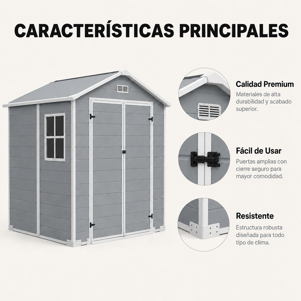 Caseta de jardín XL de resina 6x5" con ventana, doble puerta, ventilación y cierre de seguridad