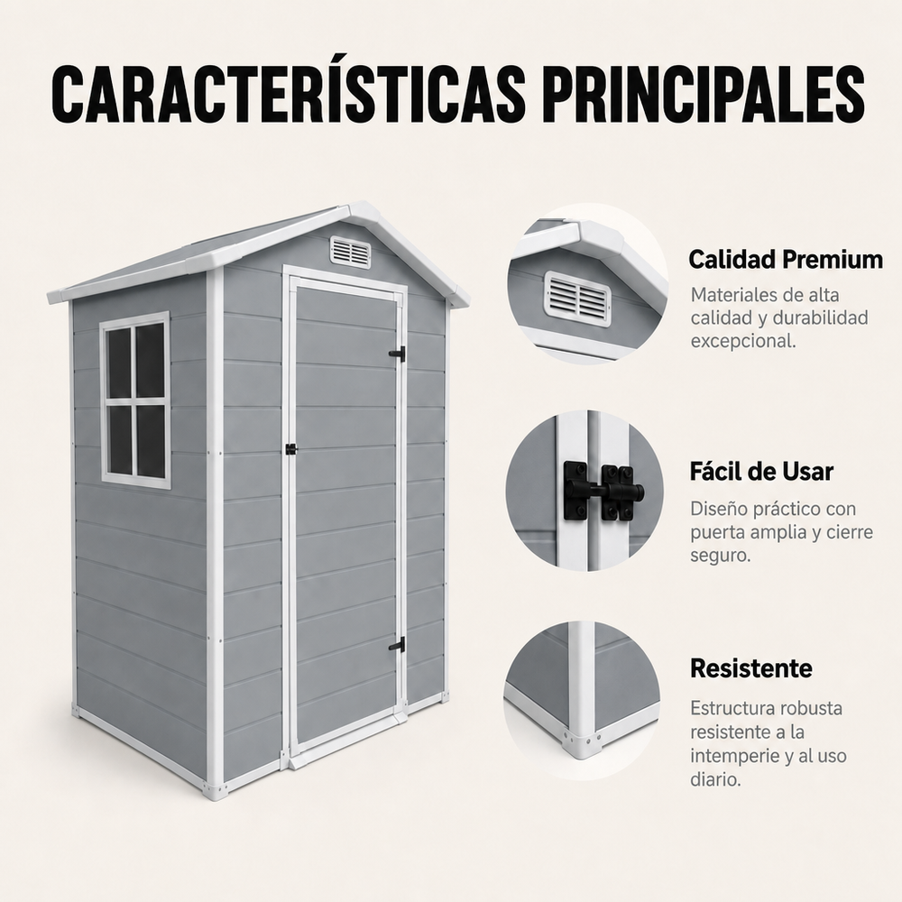 Caseta de jardín de resina 4x3" para exterior con ventana, ventilación y cierre de seguridad