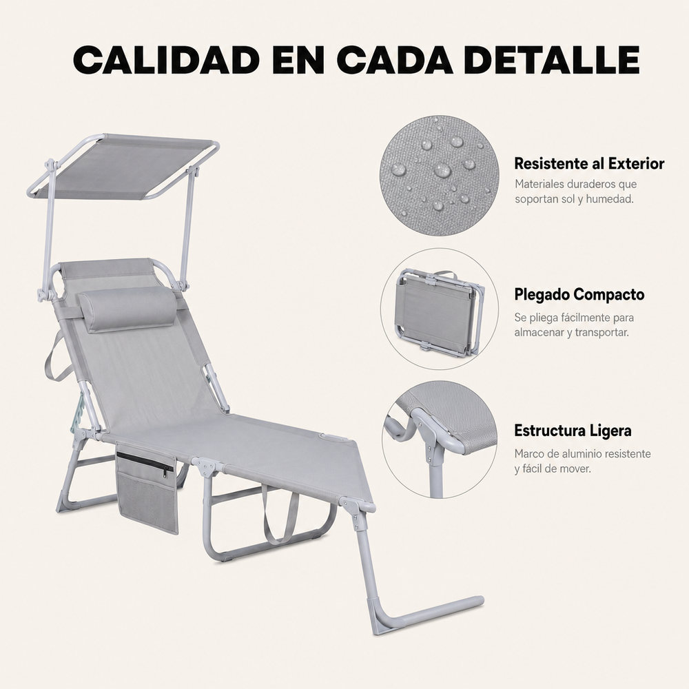 Tumbona Plegable Con Parasol Ajustable Para Jardín Y Playa