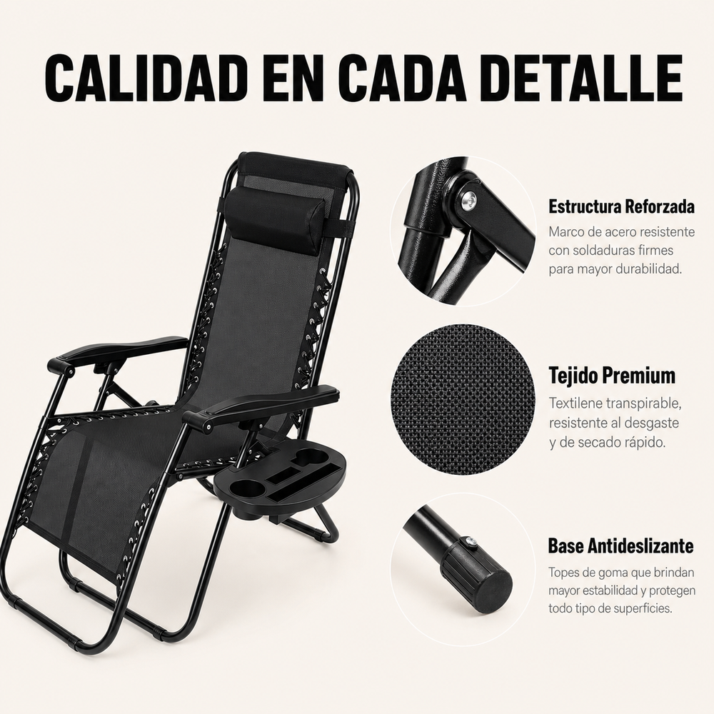 Tumbona Plegable Playa Gris Con Portavasos