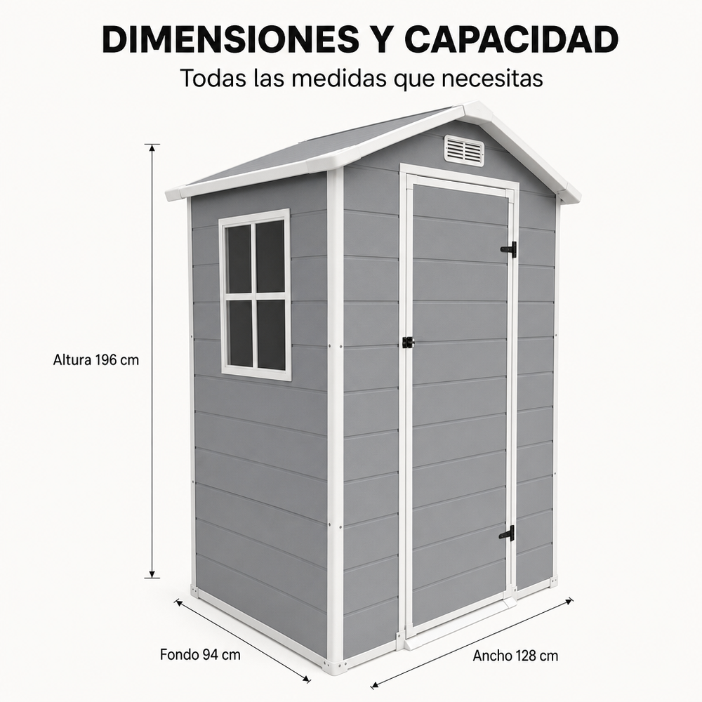 Caseta de jardín de resina 4x3" para exterior con ventana, ventilación y cierre de seguridad