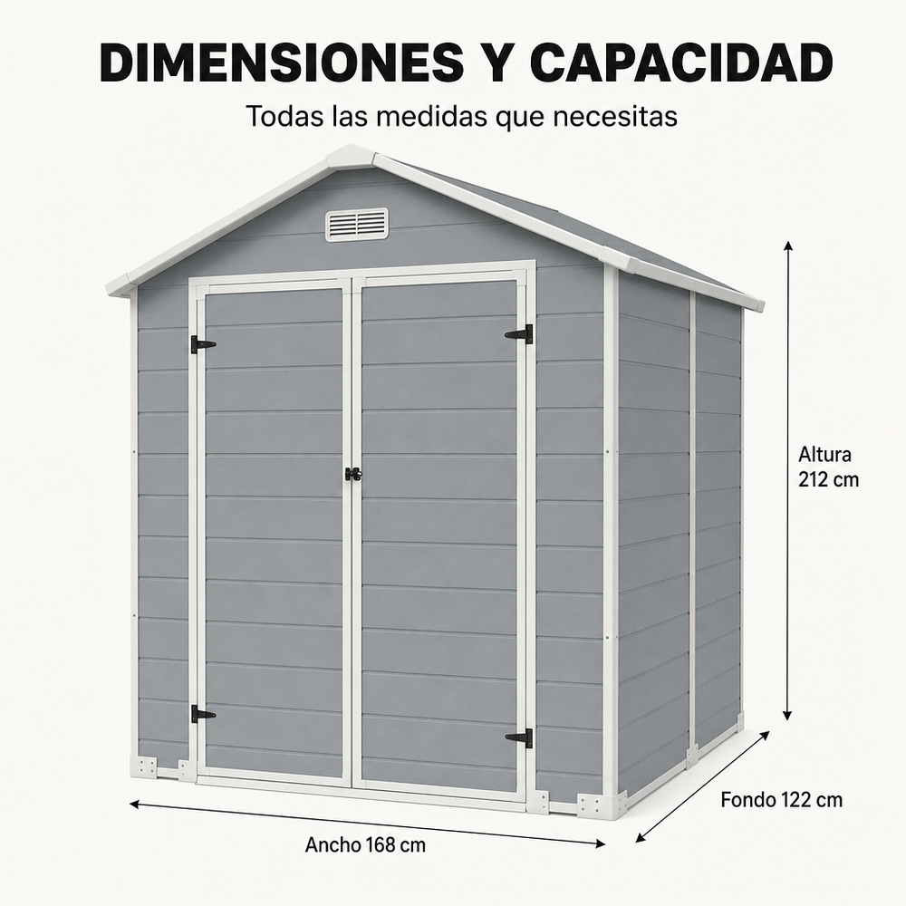 Caseta de jardín grande de resina 6x4" con doble puerta, ventana y ventilación integrada
