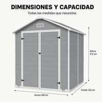 Caseta de jardín grande de resina 6x4" con doble puerta, ventana y ventilación integrada