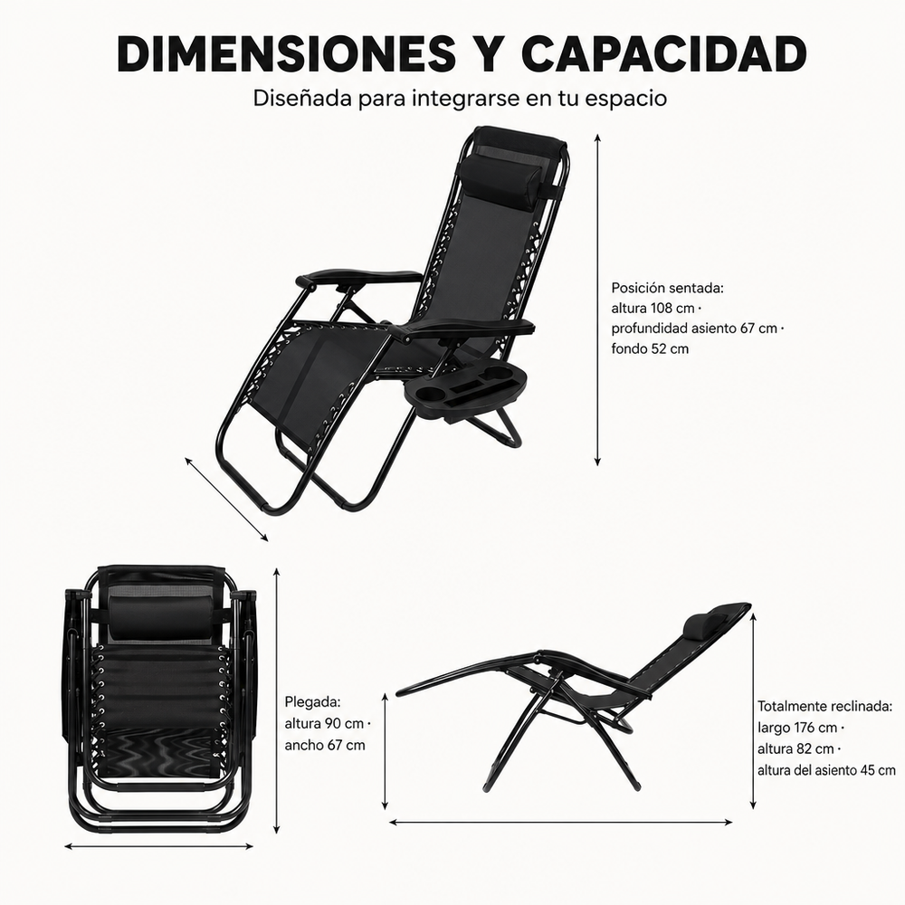 Tumbona Plegable Playa Gris Con Portavasos