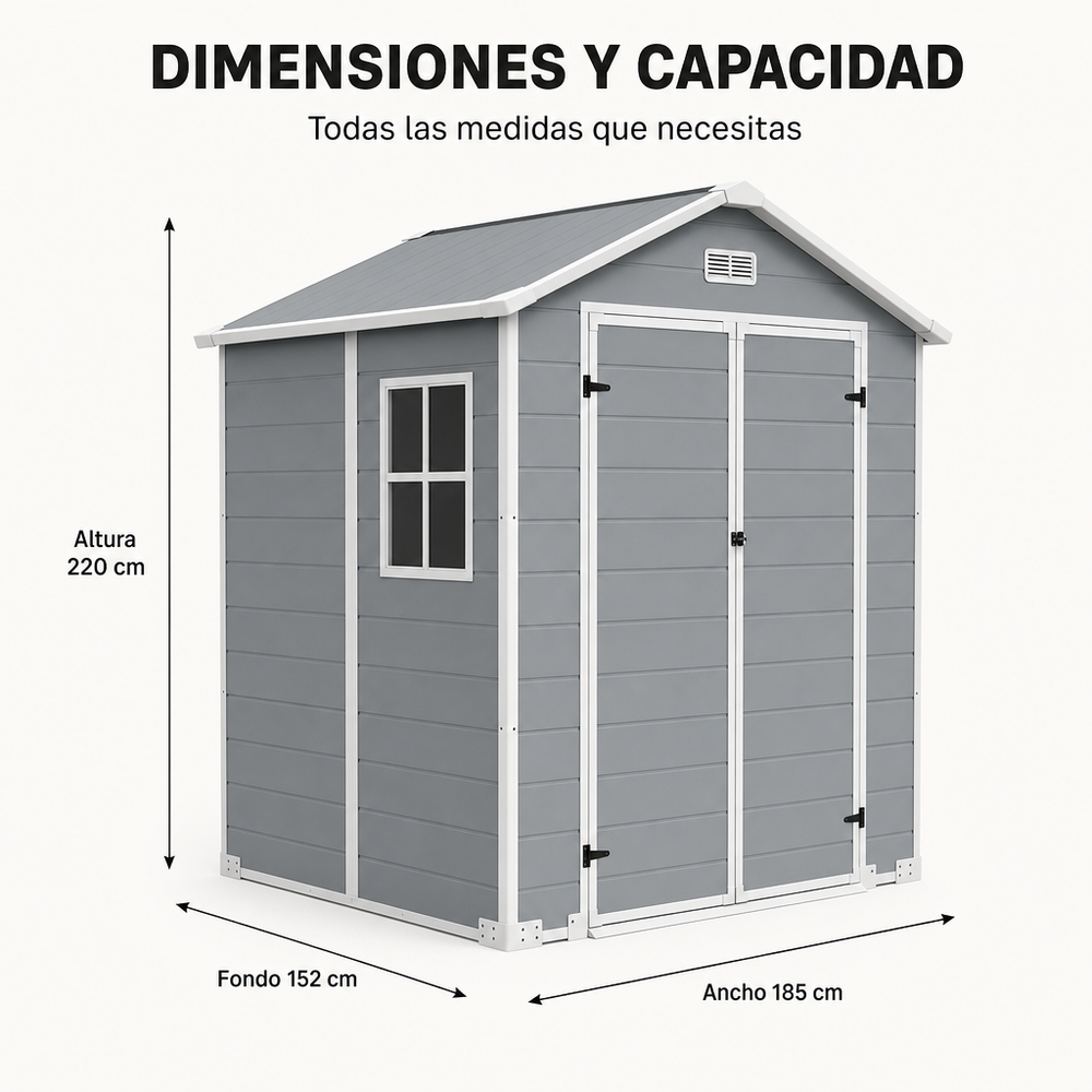 Caseta de jardín XL de resina 6x5" con ventana, doble puerta, ventilación y cierre de seguridad