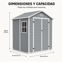 Caseta de jardín XL de resina 6x5" con ventana, doble puerta, ventilación y cierre de seguridad