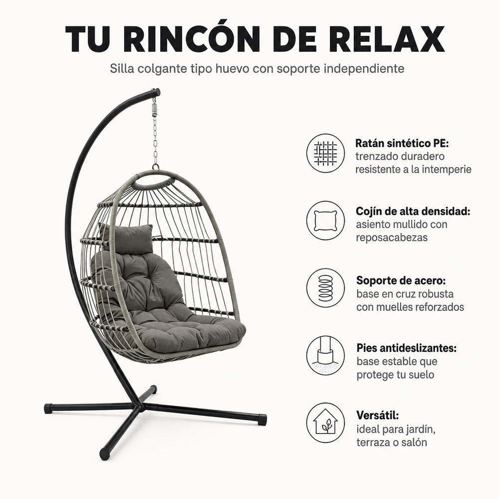 Sillón Colgante Huevo Jardín Con Cojines Acolchados Estructura Metálica