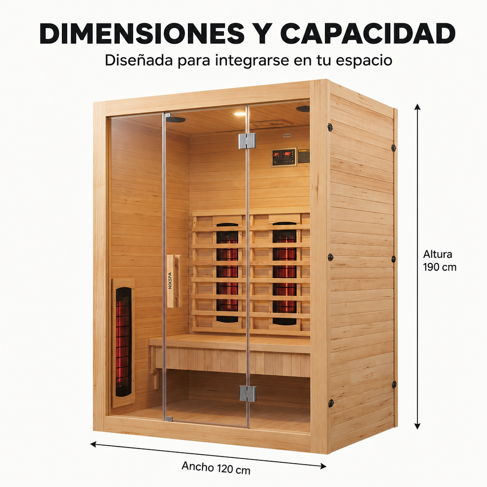 Sauna de infrarrojos 3 personas de madera maciza con 6 paneles, Bluetooth y puerta panorámica
