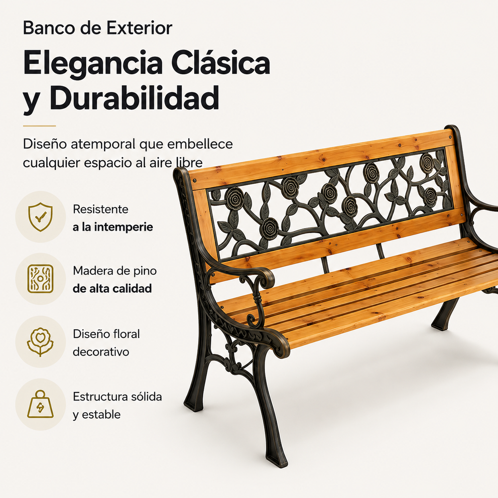 Banco de Jardín de Madera y Metal con Respaldo Floral Decorativo
