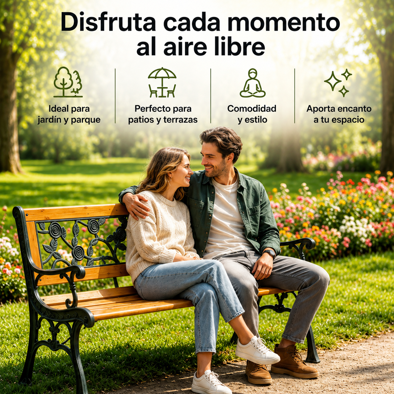 Banco de Jardín de Madera y Metal con Respaldo Floral Decorativo