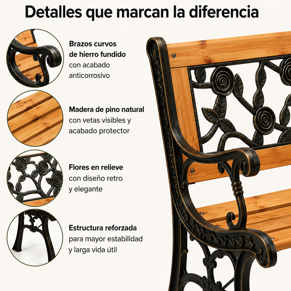 Banco de Jardín de Madera y Metal con Respaldo Floral Decorativo