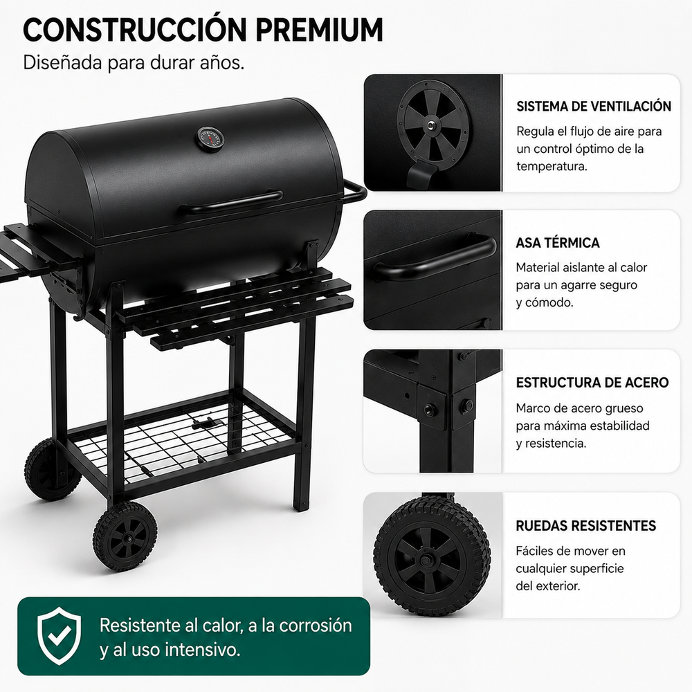 Barbacoa De Carbón Con Tapa Y Ventilación Ajustable Para Jardín Con Ruedas