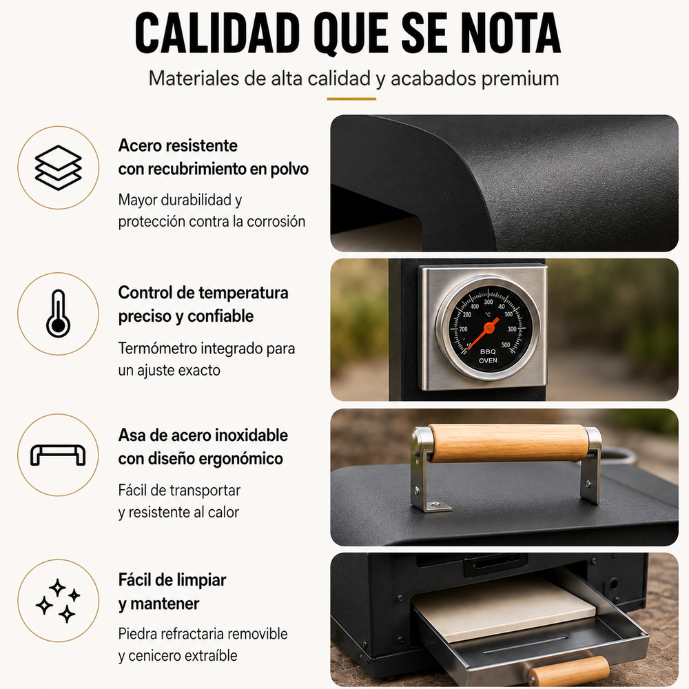 Horno De Pizza Portátil A Carbón Con Chimenea Y Termómetro Integrado