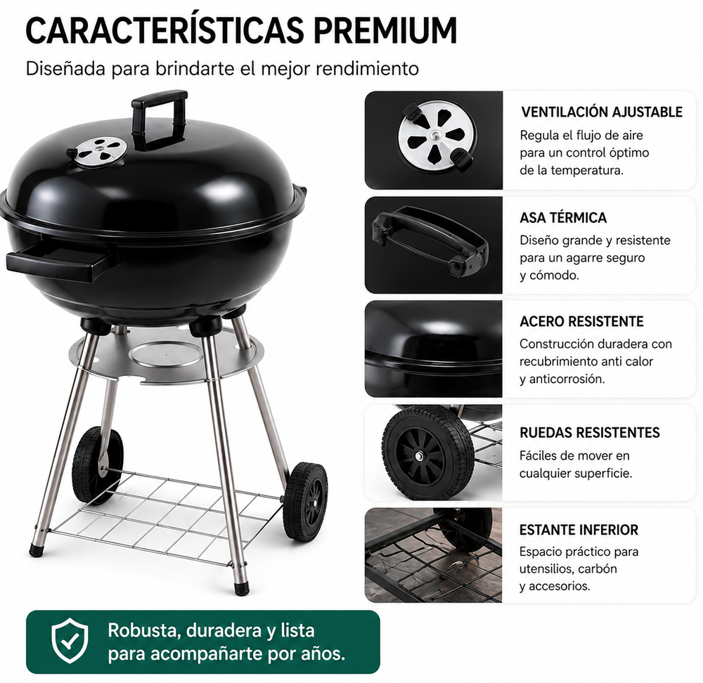 Barbacoa de Carbón Redonda Portátil con Tapa y Ventilación