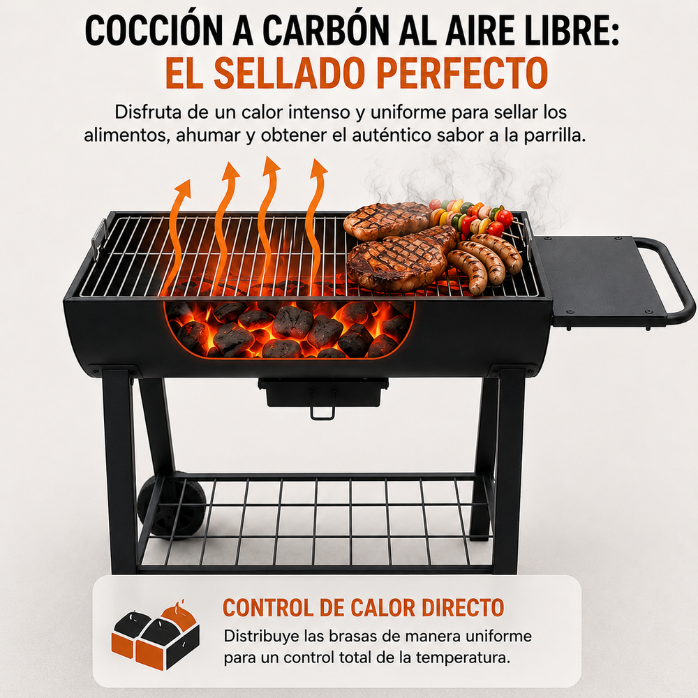 Barbacoa Portátil De Carbón Parrilla Grande Con Ruedas