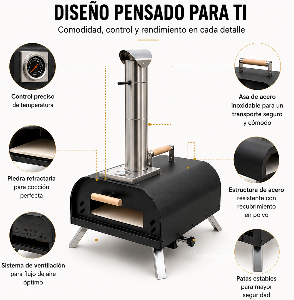 Horno De Pizza Portátil A Carbón Con Chimenea Y Termómetro Integrado