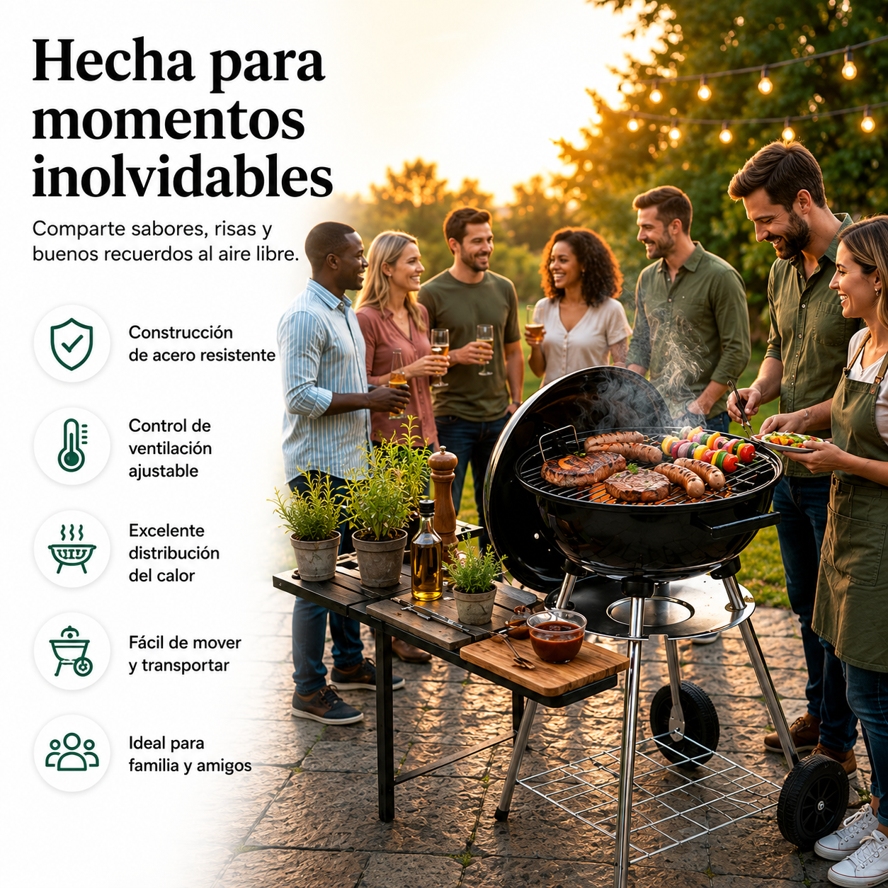 Barbacoa de Carbón Redonda Portátil con Tapa y Ventilación