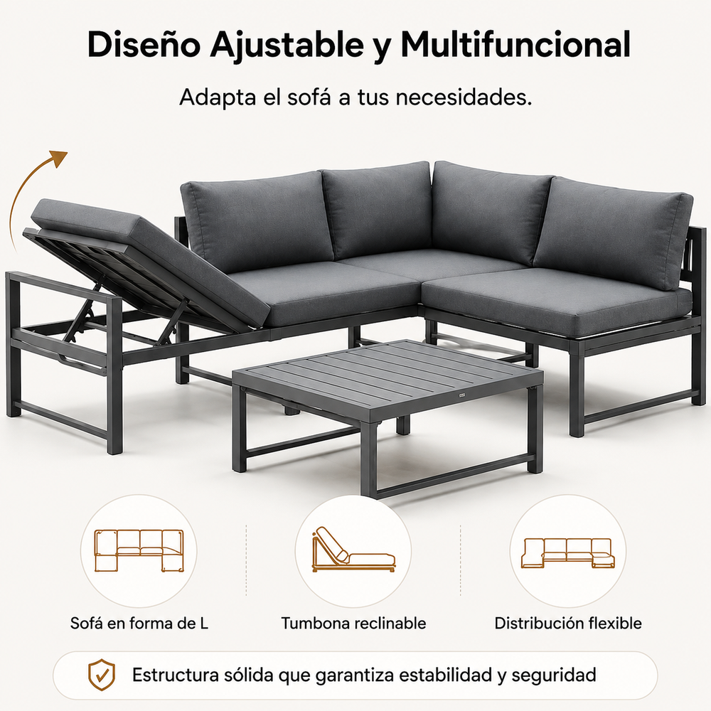 Conjunto De Jardín Sofá Esquinero Modular De Aluminio Antracita