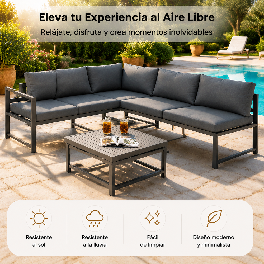 Conjunto De Jardín Sofá Esquinero Modular De Aluminio Antracita